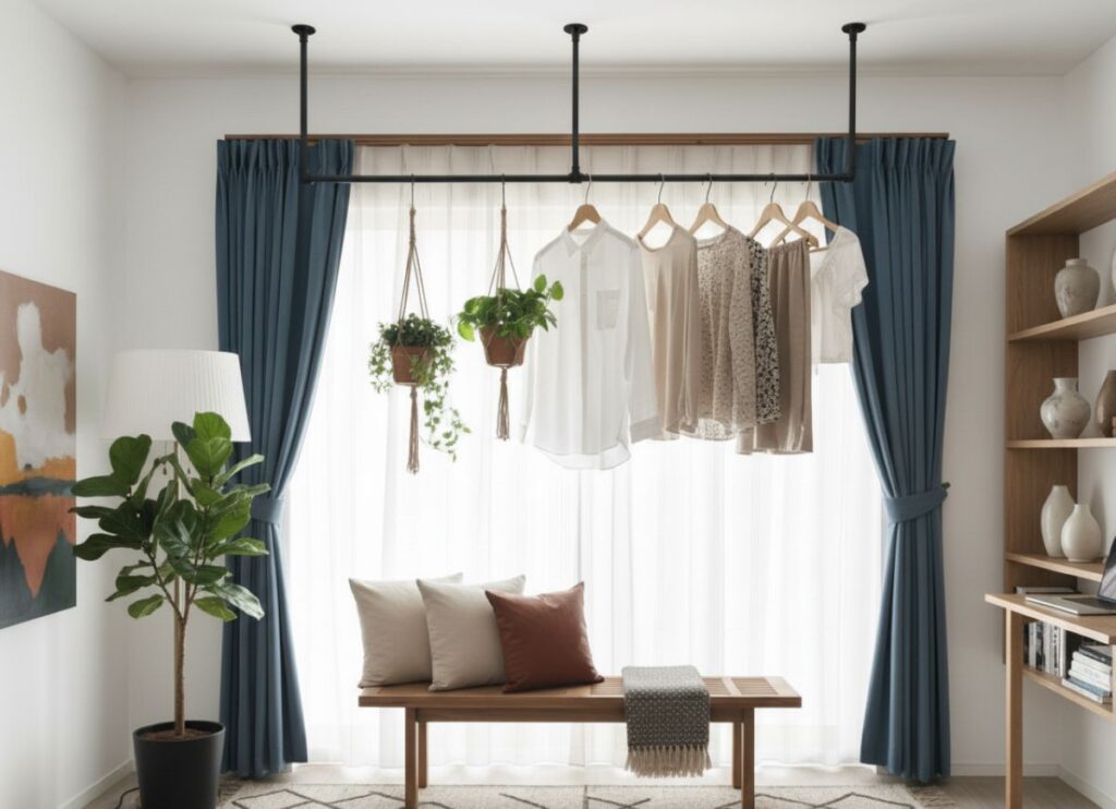 天井に取り付けられたアイアンバー。観葉植物のハンギングや室内物干しとして活用されている