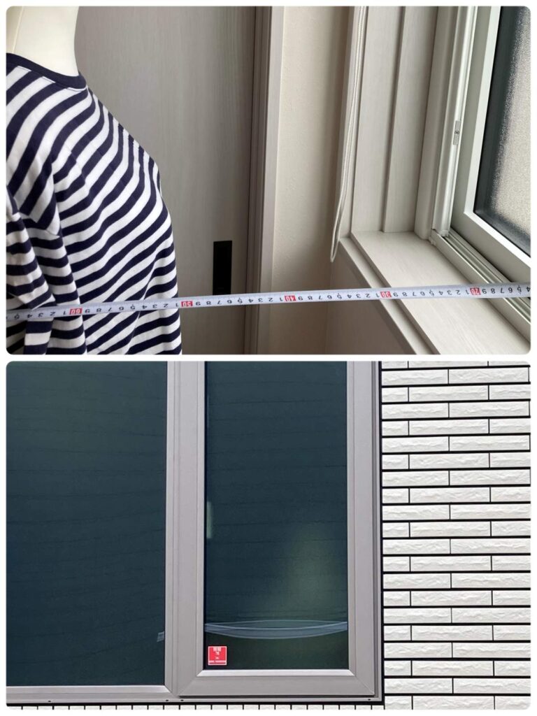 一条工務店でかすみガラスを採用した場合、窓から1歩離れて立つとどれくらい透けるのかをマネキンを置いて検証した結果