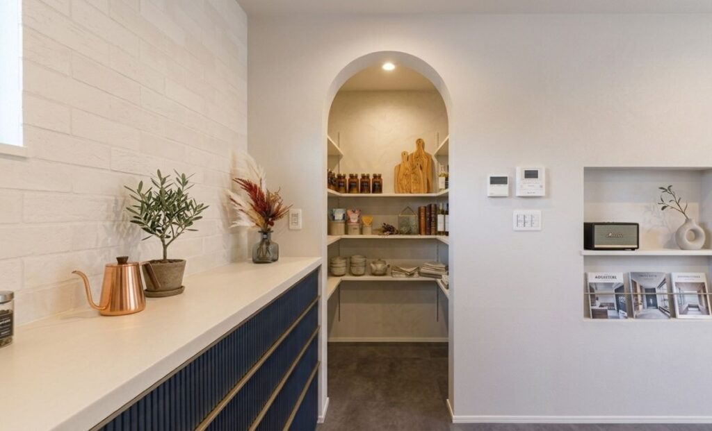 アーチ状に仕上げたR壁の開口部。直角ではなく曲線にすることで空間に柔らかさが生まれる