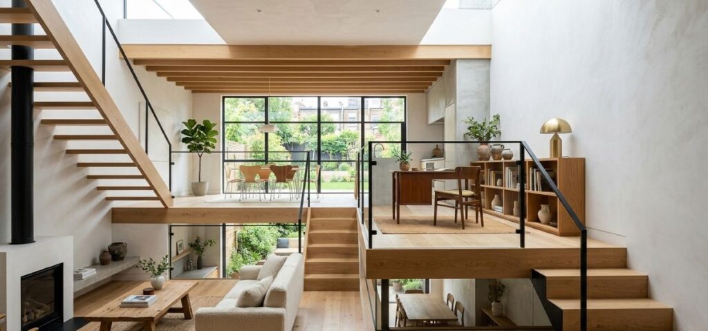 スキップフロアを取り入れた間取り。床の高さをずらして1.5階のような中間スペースを設けている