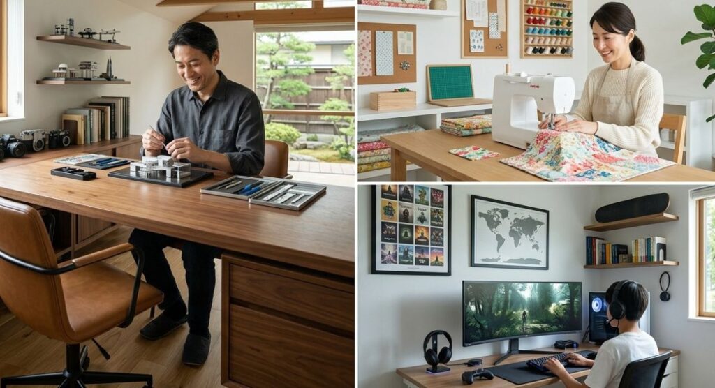 家族それぞれが個室で趣味を満喫している様子