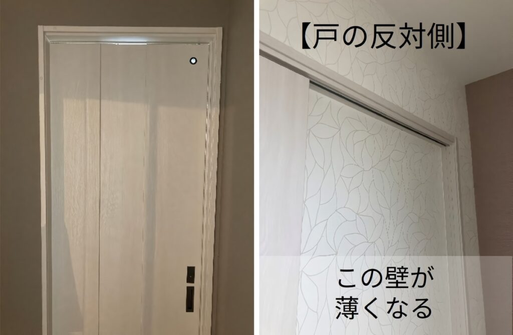 インセット引き戸の側面。壁がへこんでいる様子