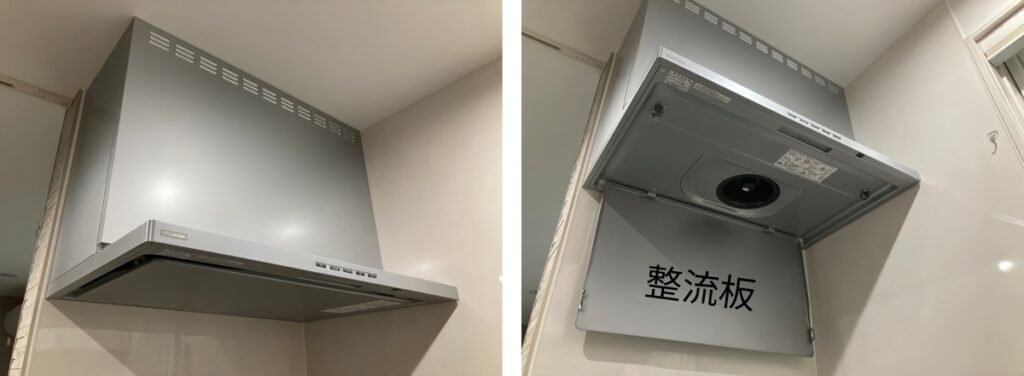 グレイスキッチン3尺壁付ハイカウンタータイプのフィルターレス換気扇（整流板を外した様子）