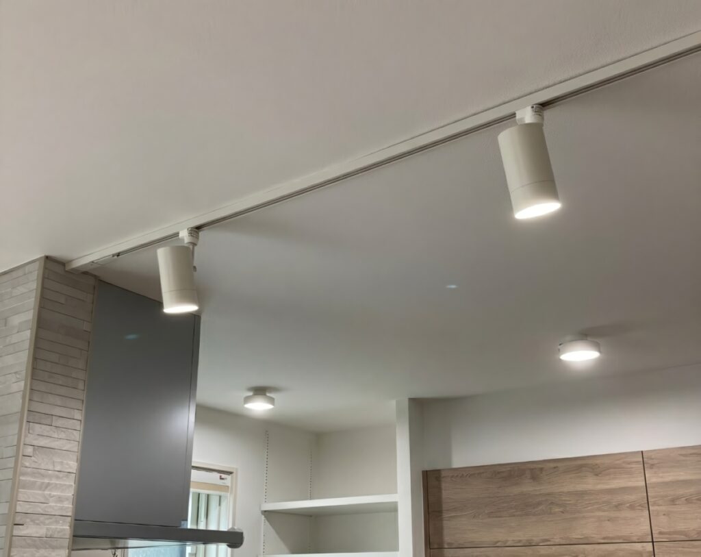 キッチンに小型のシーリングライトとダクトレールのスポットライトを配置した様子