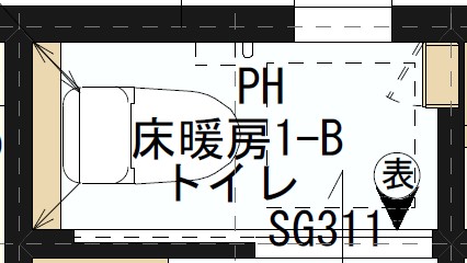 一条工務店のトイレ間取り図。壁に埋め込まれた収納スペースの配置例