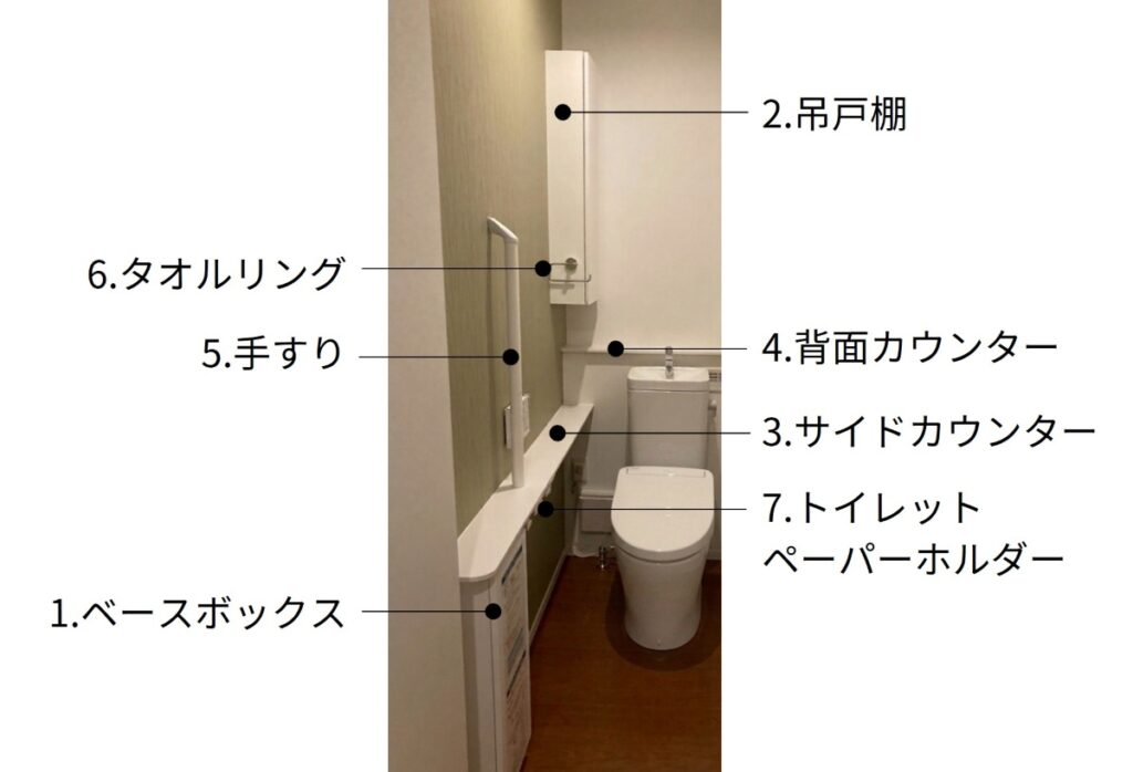 一条工務店のトイレ標準設備（サイドカウンター、手すり、タオルリング、収納など）
