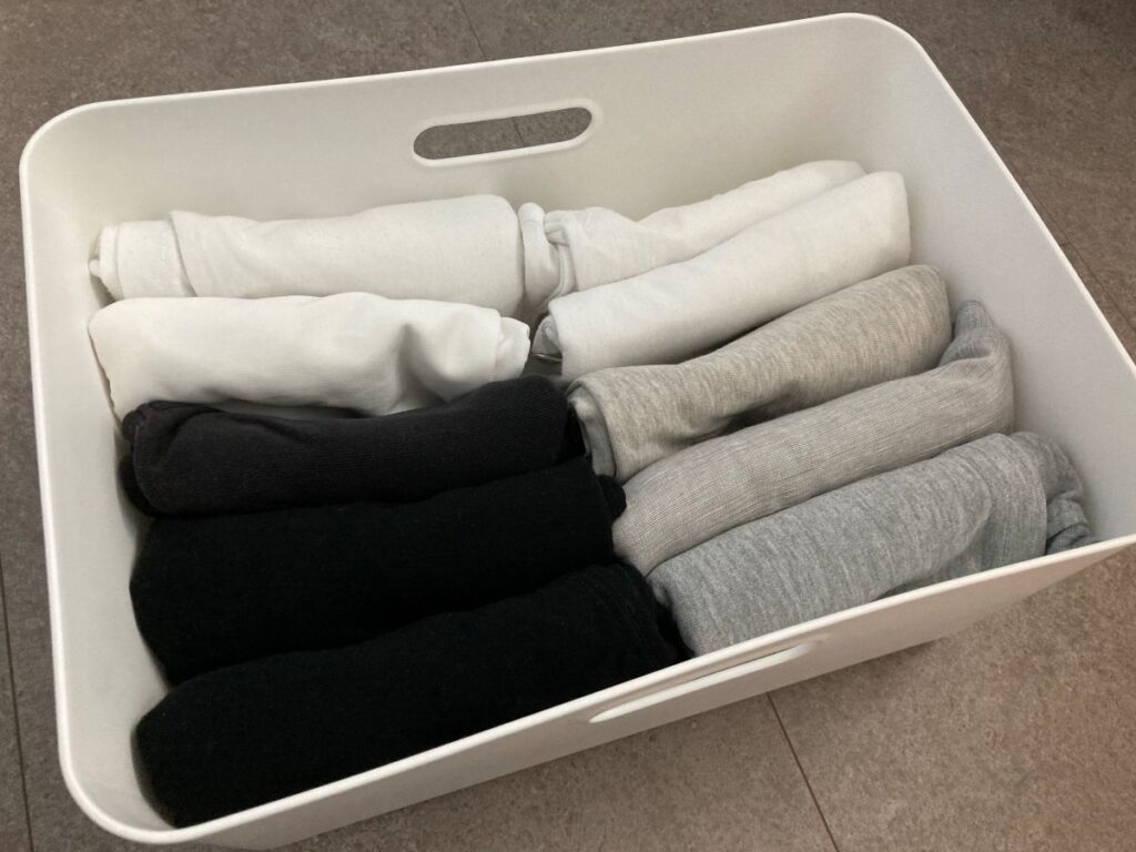ダイソーのR30ボックスにTシャツを収納した様子