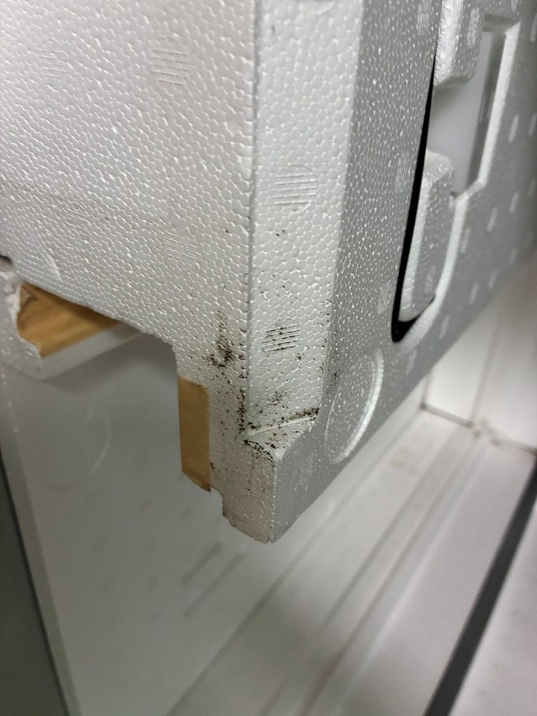 発泡スチロール部分に見えるカビ